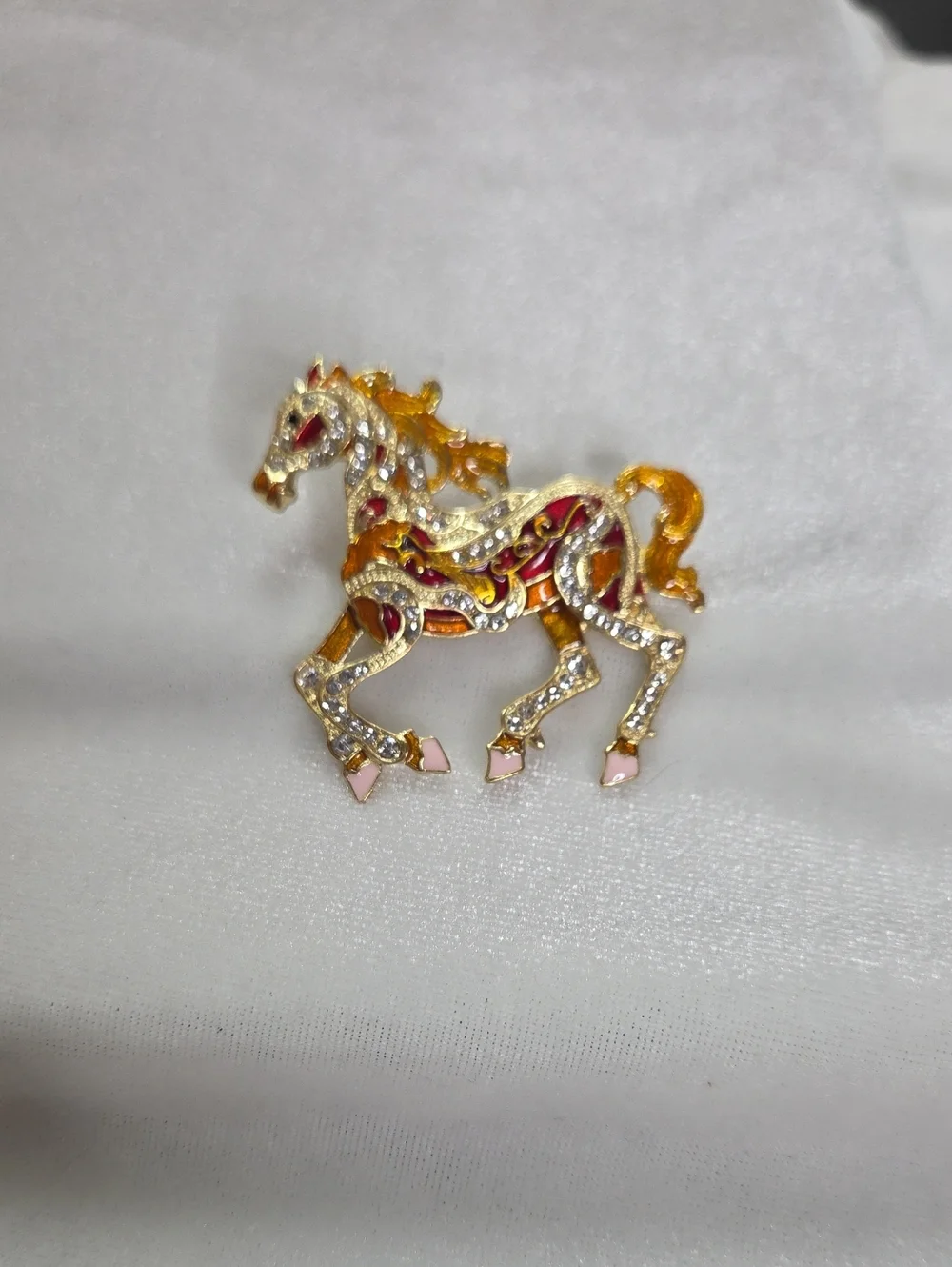 Women's Orange Red Horse Brooch Retro Style Pin Rhinestones Elegant Gold Tone